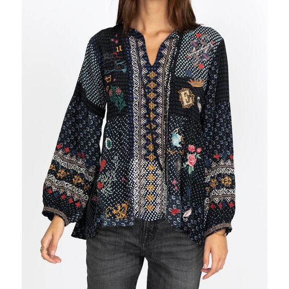 Johnny Was NWOT Biya Embroidered Wonder Blouse Long Sleeve Silk Black Size Large - Picture 1 of 14